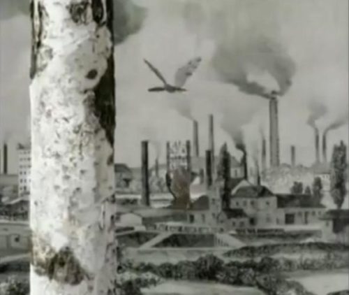 Birke und Industrielandschaft, Schwarz-Weiß-Animation